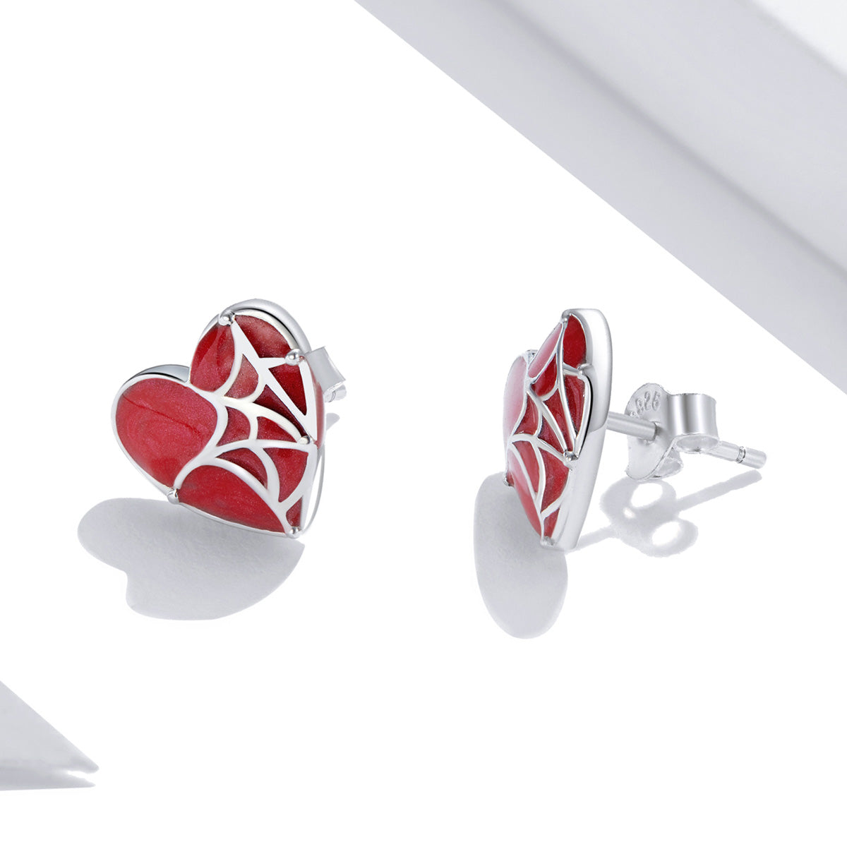 Sterling Silver Cobweb Love Heart Stud Hypoallergenic Earrings