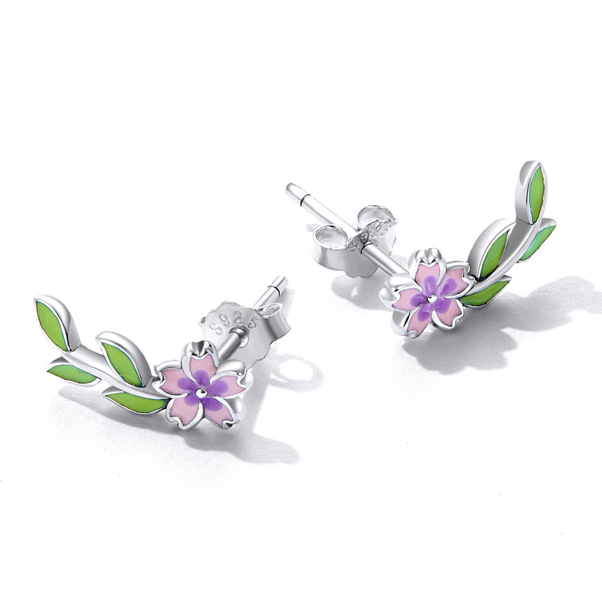 Sterling Silver Flower & Leaves Stud Hypoallergenic Earrings