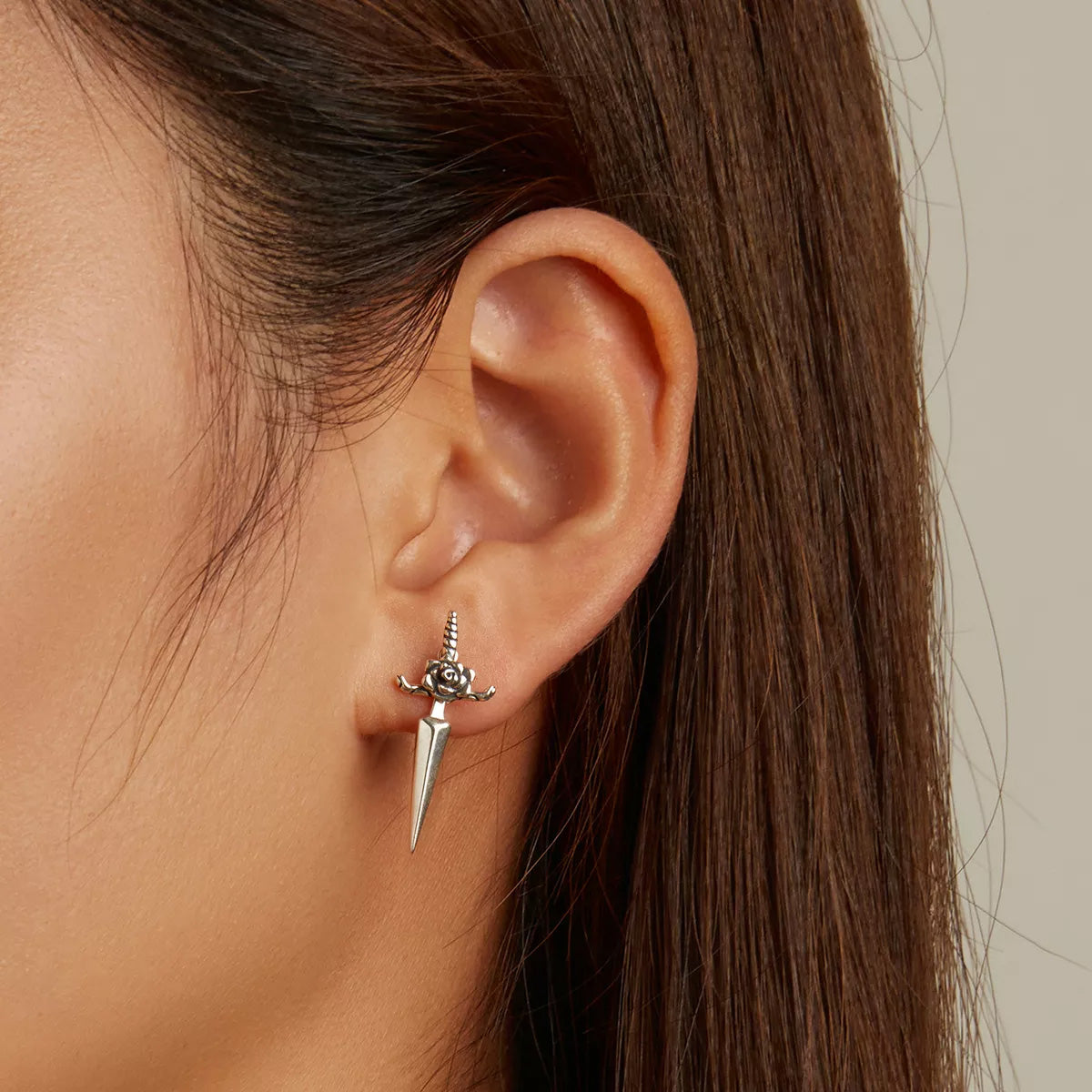 Sterling Silver Rose Dagger Hypoallergenic Stud Earring (Single)