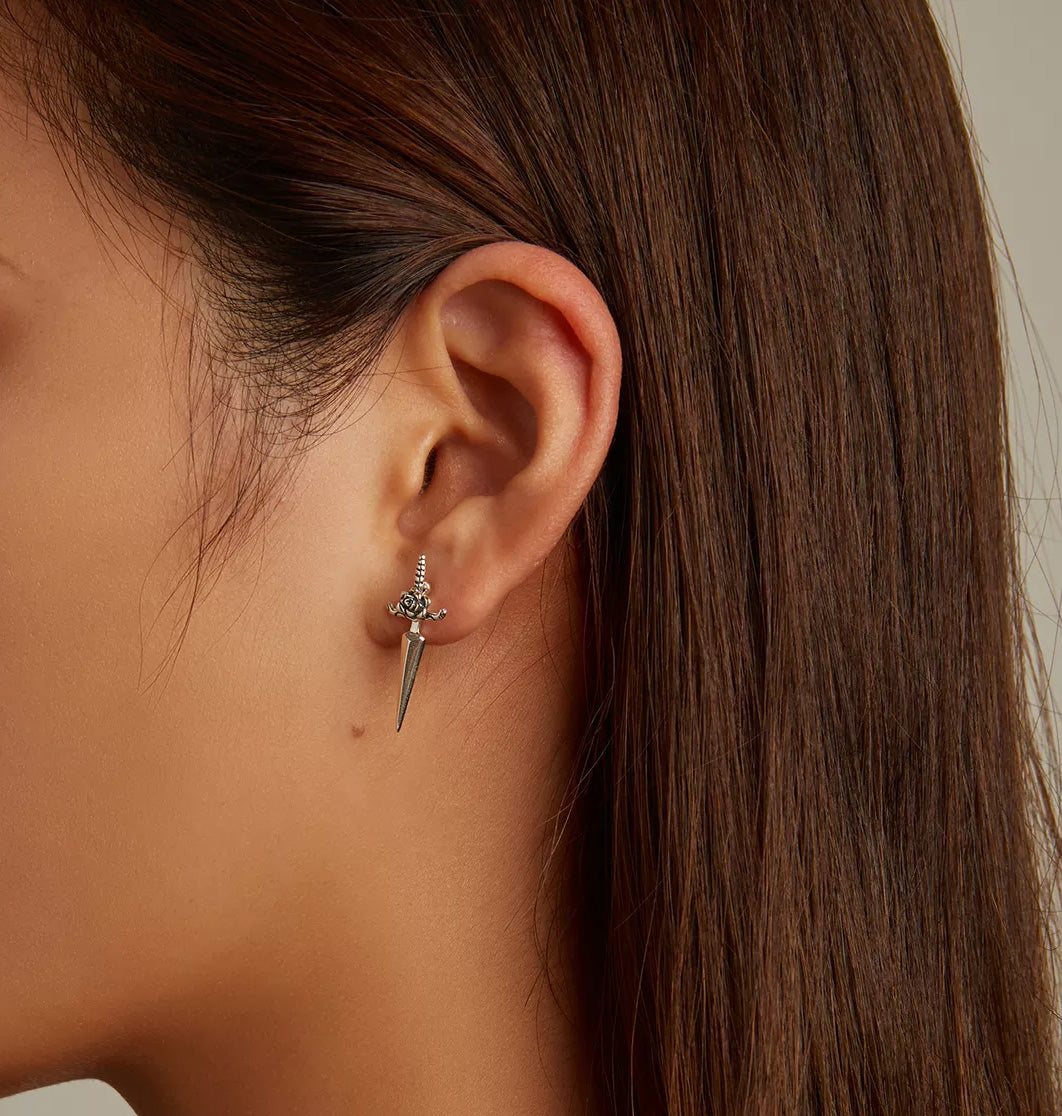 Sterling Silver Rose Dagger Hypoallergenic Stud Earring (Single)