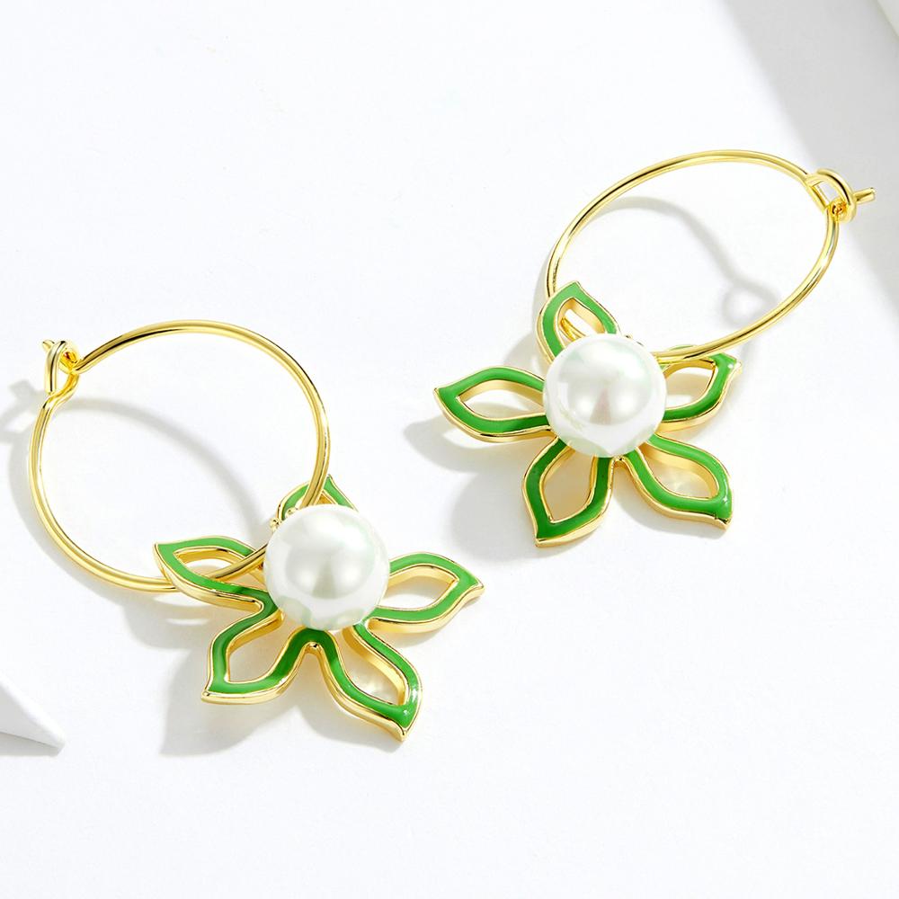 Sterling Silver Pearl Flower Hypoallergenic Hoop Earrings