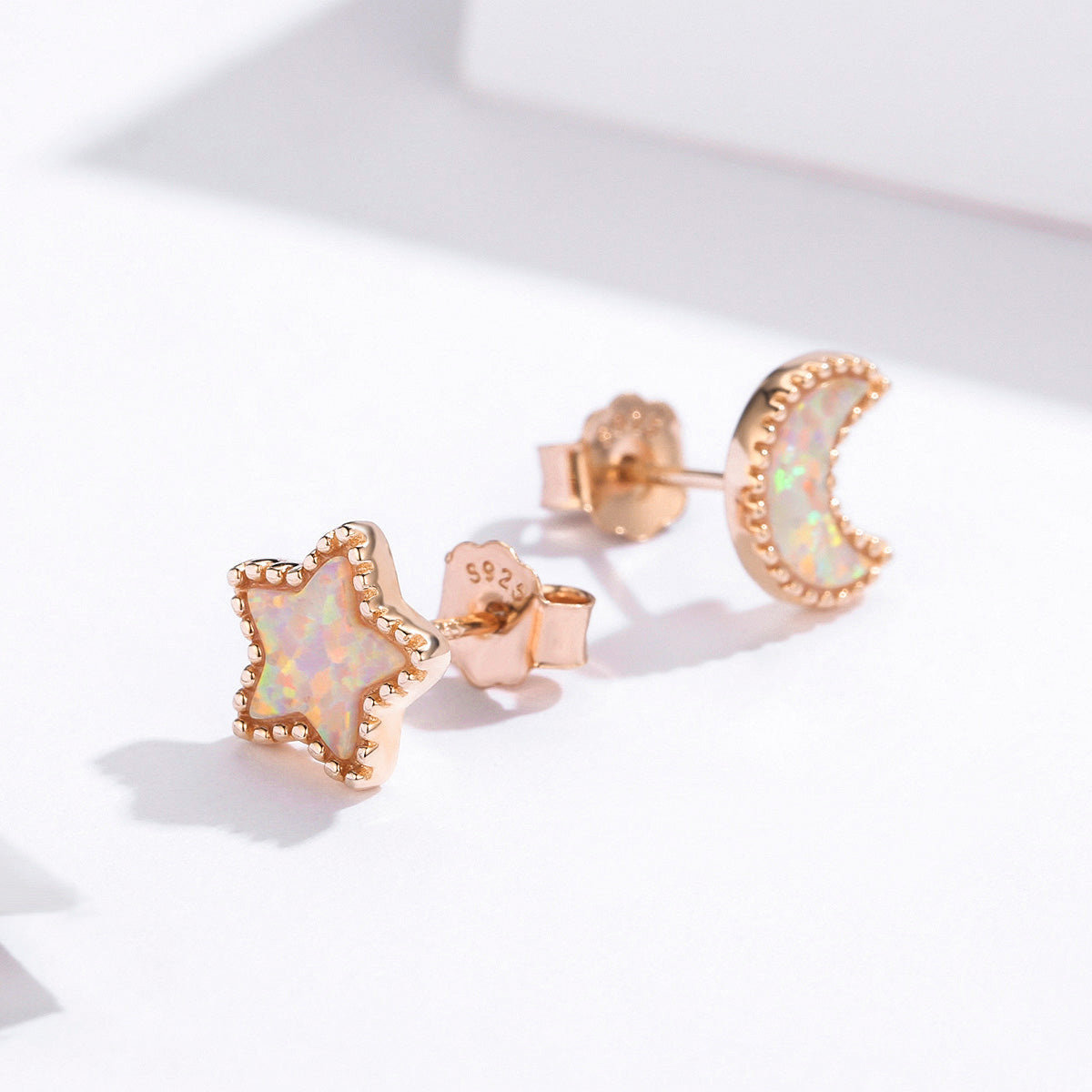 Sterling Silver Opal Star & Moon Hypoallergenic Stud Earrings