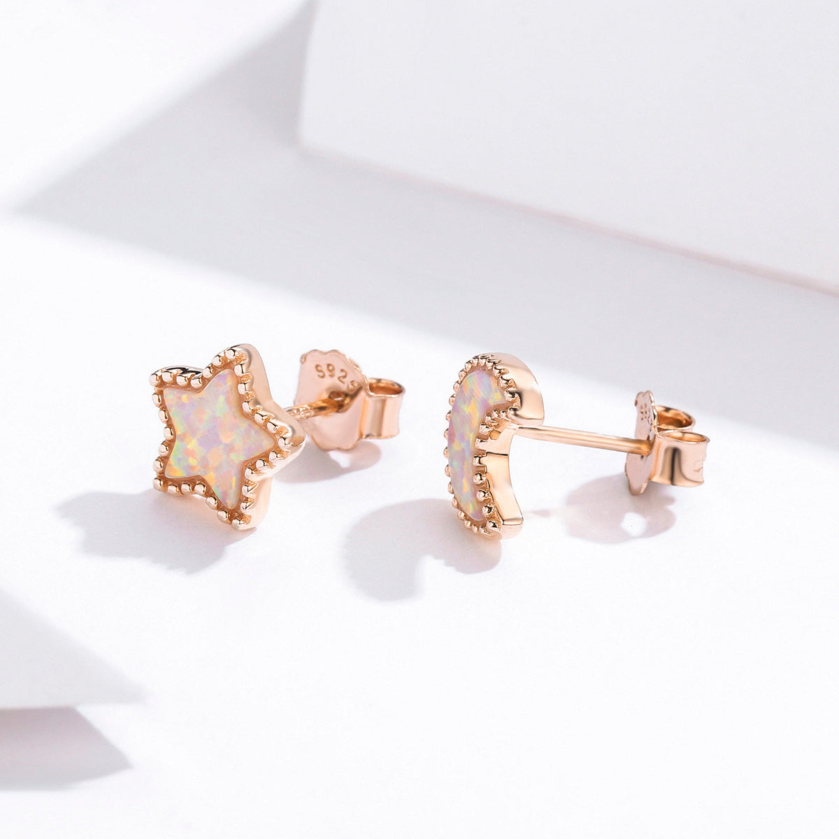 Sterling Silver Opal Star & Moon Hypoallergenic Stud Earrings