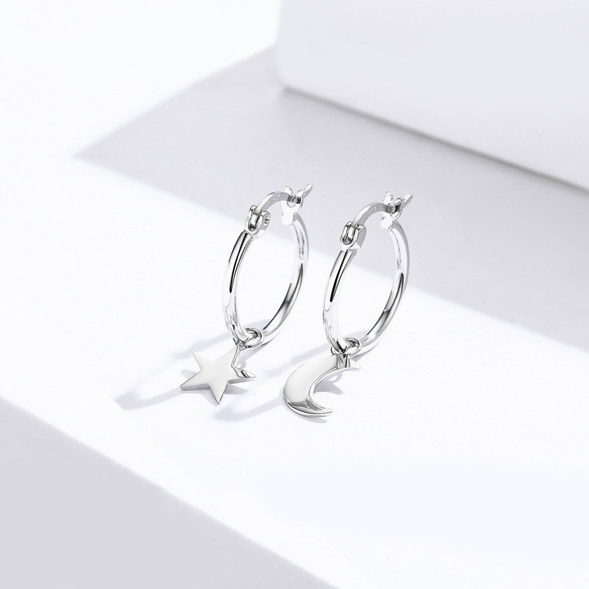 Sterling Silver Crescent Moon & Star Hypoallergenic Hoop Earrings