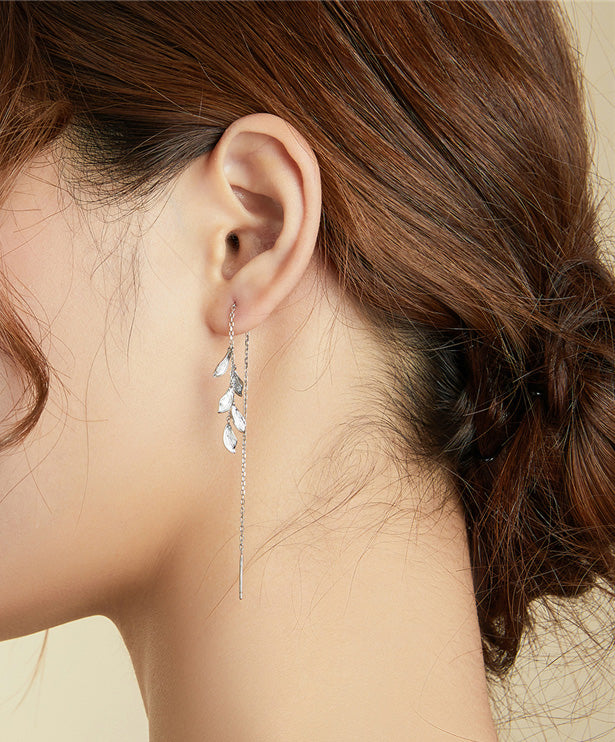 Sterling Silver Leaves Long Drop Hypoallergenic Threader Earrings