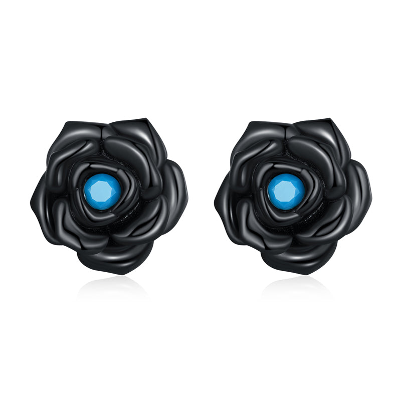 Sterling Silver Turquoise Black Rose Screw Stud Hypoallergenic Earrings