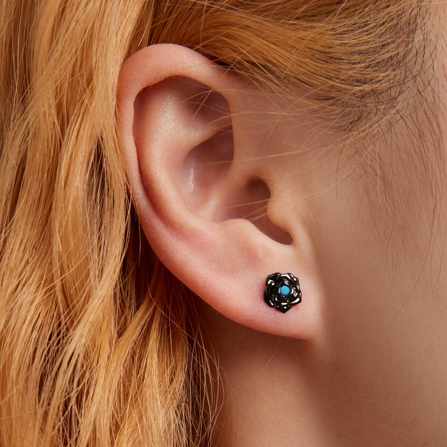 Sterling Silver Turquoise Black Rose Screw Stud Hypoallergenic Earrings