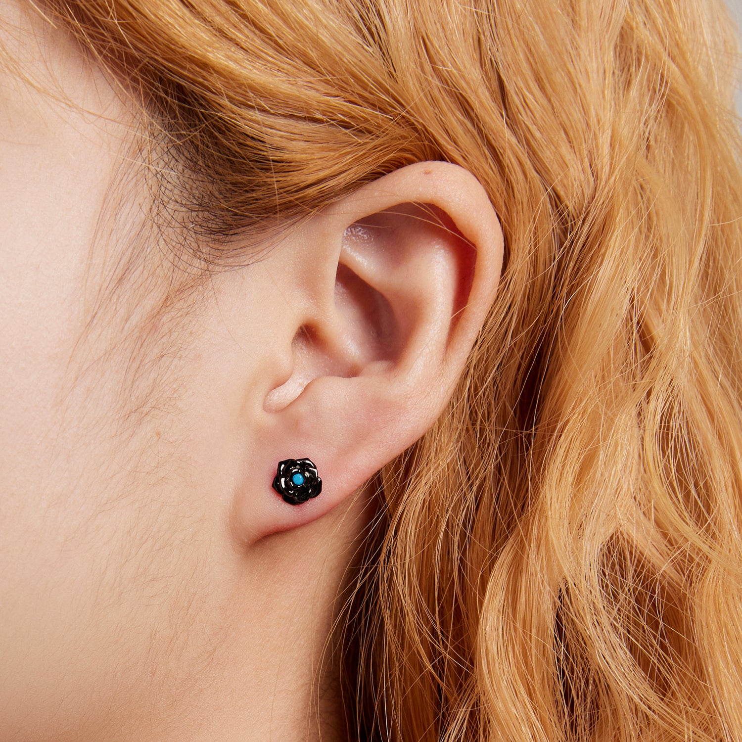 Sterling Silver Turquoise Black Rose Screw Stud Hypoallergenic Earrings
