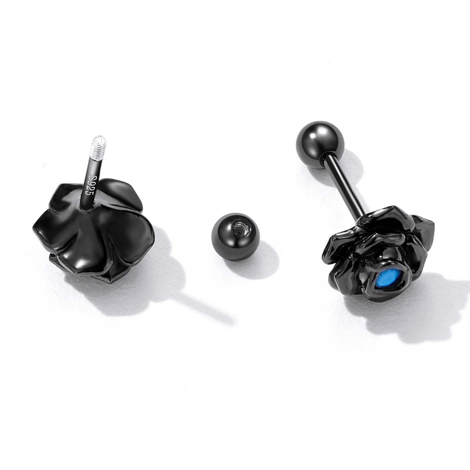 Sterling Silver Turquoise Black Rose Screw Stud Hypoallergenic Earrings