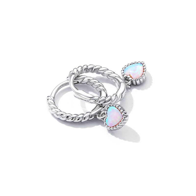Sterling Silver Opal Love Heart Drop Huggie Hypoallergenic Earrings