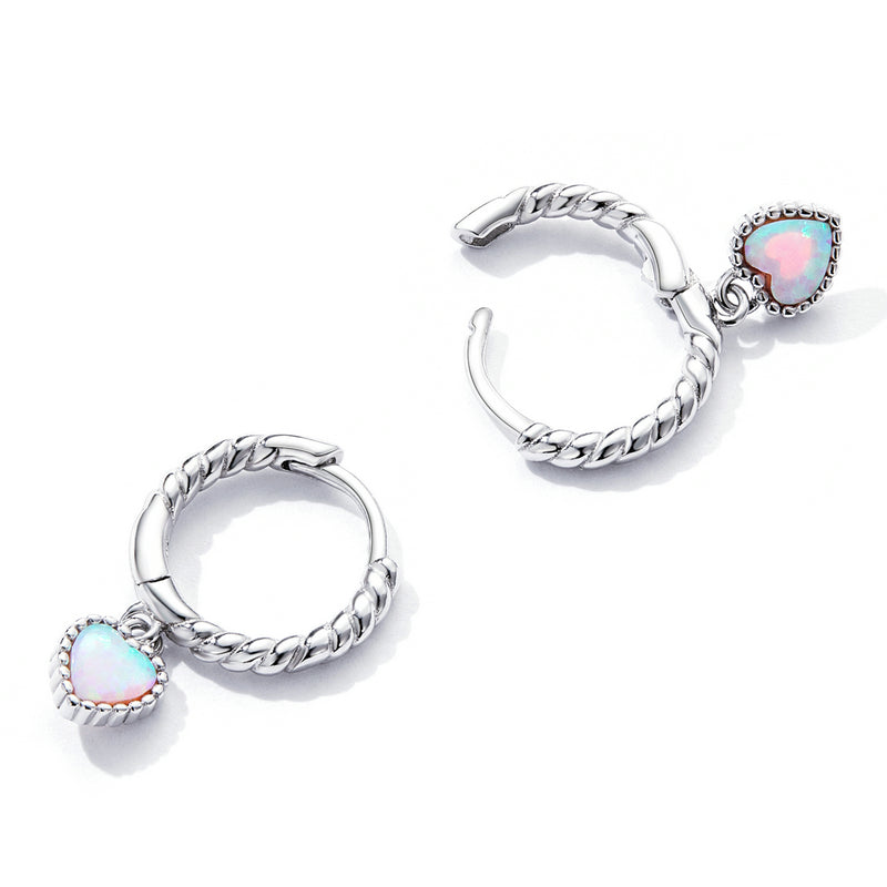 Sterling Silver Opal Love Heart Drop Huggie Hypoallergenic Earrings