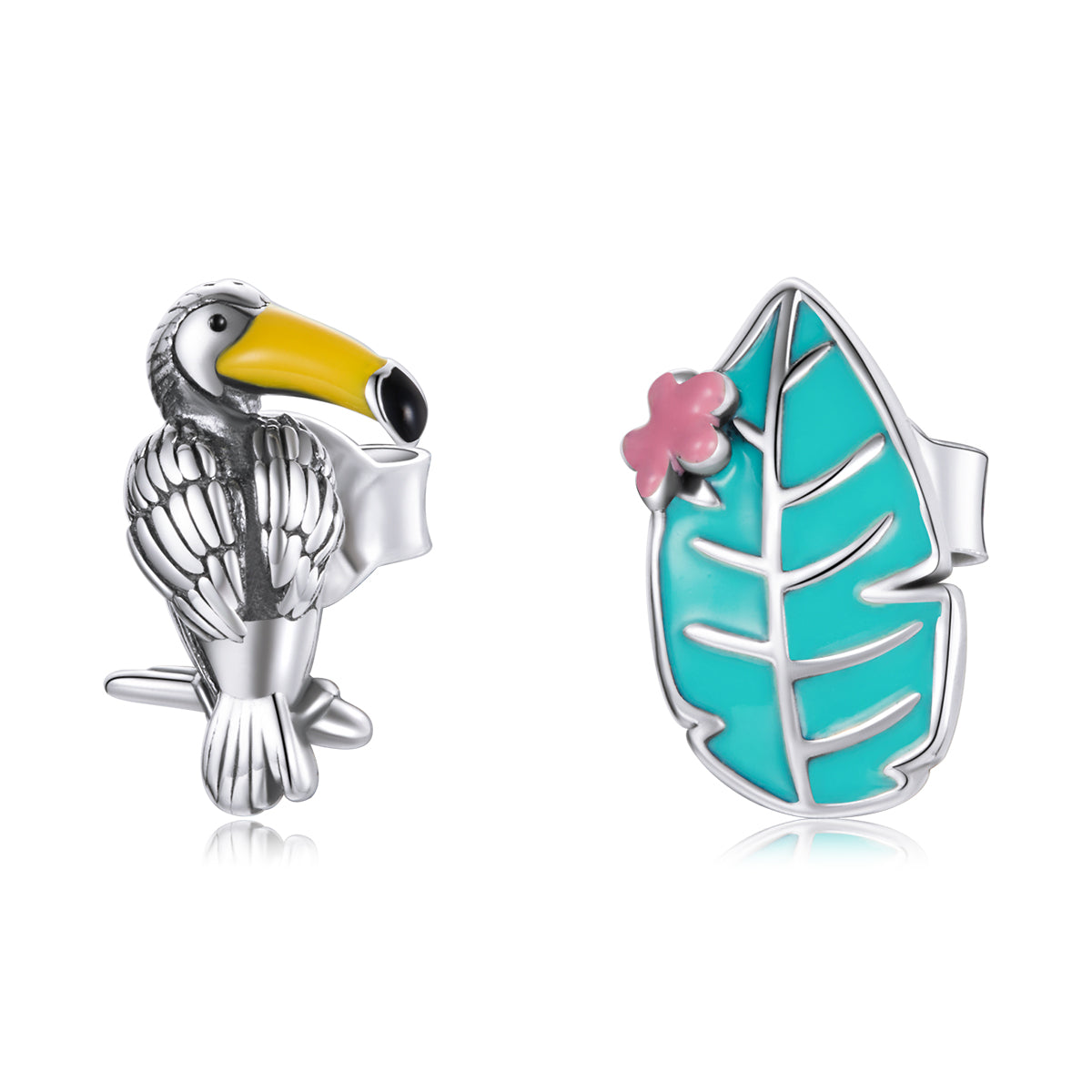 Sterling Silver Toucan & Leaf Stud Hypoallergenic Earrings