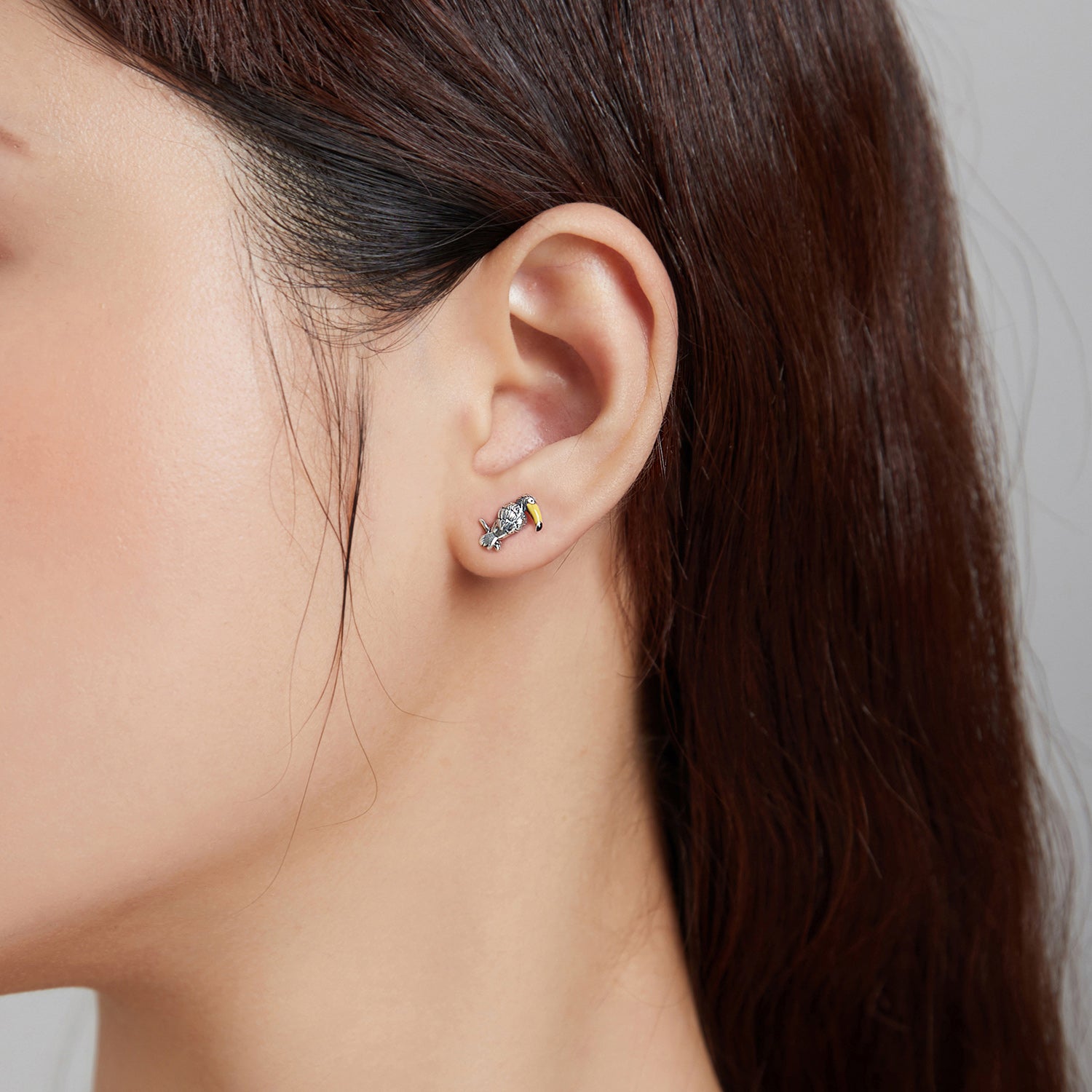 Sterling Silver Toucan & Leaf Stud Hypoallergenic Earrings