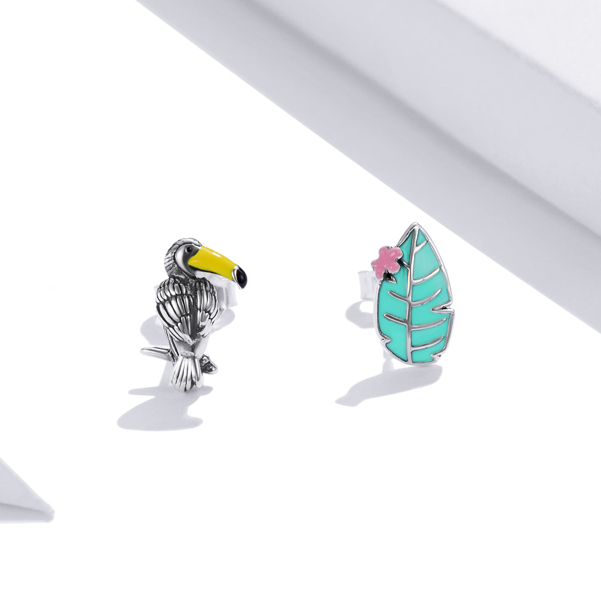 Sterling Silver Toucan & Leaf Stud Hypoallergenic Earrings