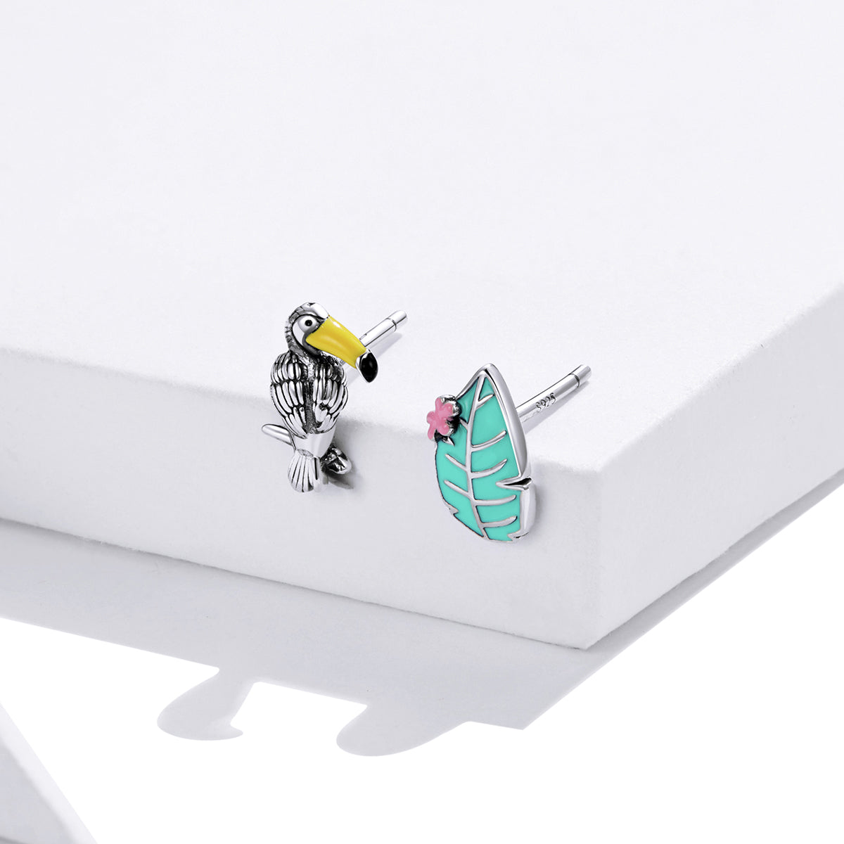 Sterling Silver Toucan & Leaf Stud Hypoallergenic Earrings