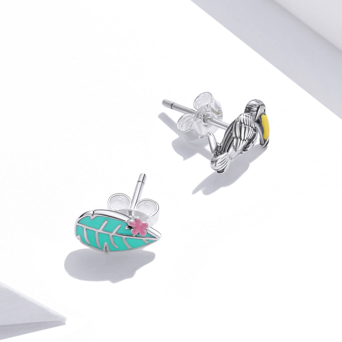Sterling Silver Toucan & Leaf Stud Hypoallergenic Earrings