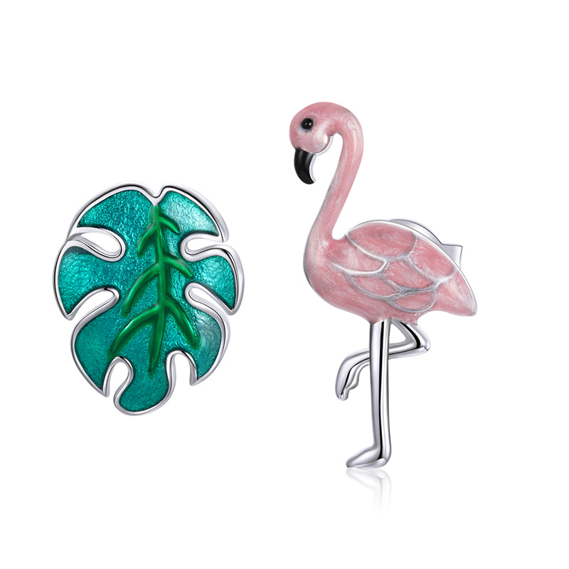 Sterling Silver Flamingo & Leaf Stud Hypoallergenic Earrings