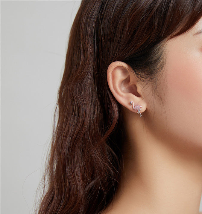 Sterling Silver Flamingo & Leaf Stud Hypoallergenic Earrings