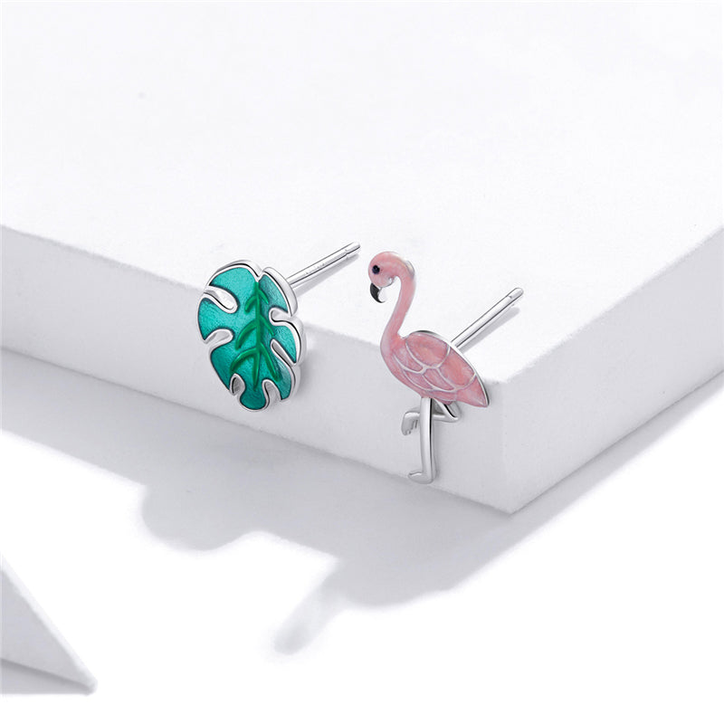 Sterling Silver Flamingo & Leaf Stud Hypoallergenic Earrings