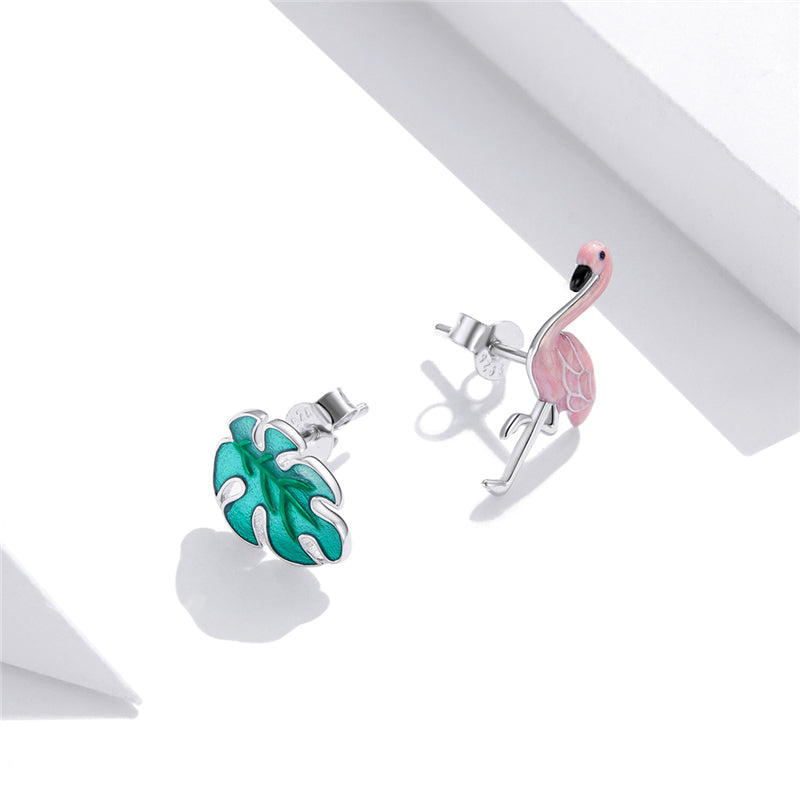 Sterling Silver Flamingo & Leaf Stud Hypoallergenic Earrings
