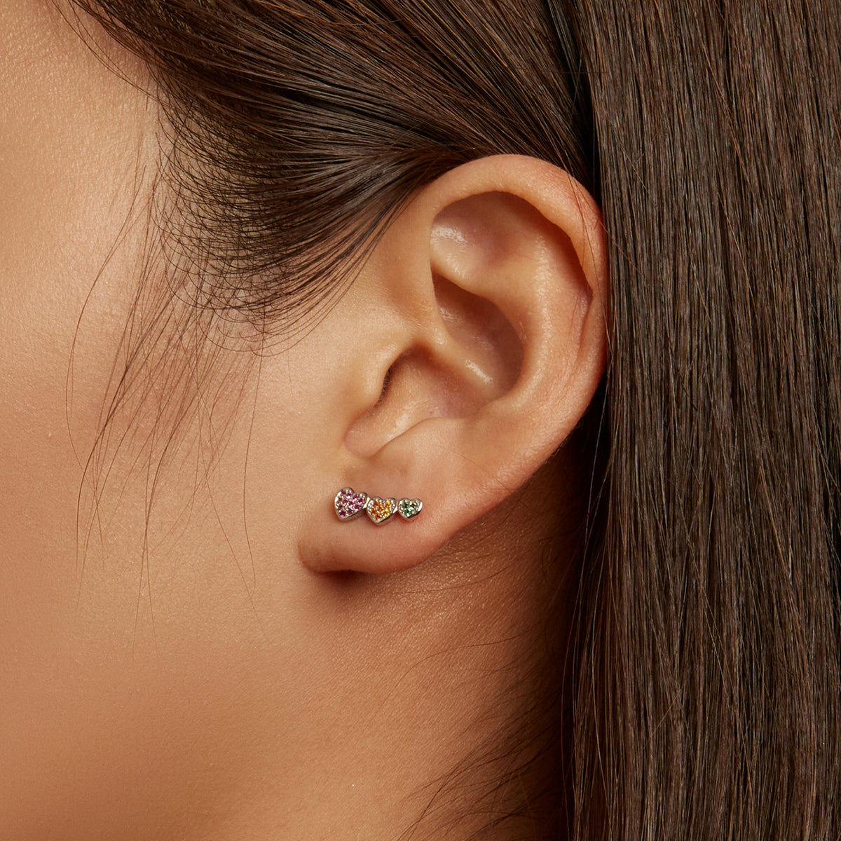 Sterling Silver Colourful Triple Heart Stud Hypoallergenic Earrings