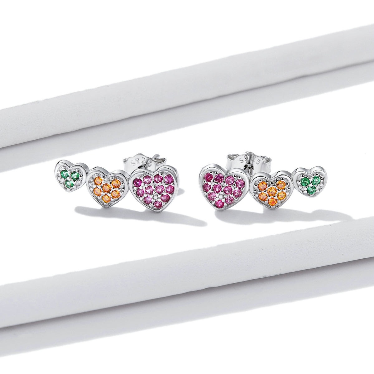 Sterling Silver Colourful Triple Heart Stud Hypoallergenic Earrings