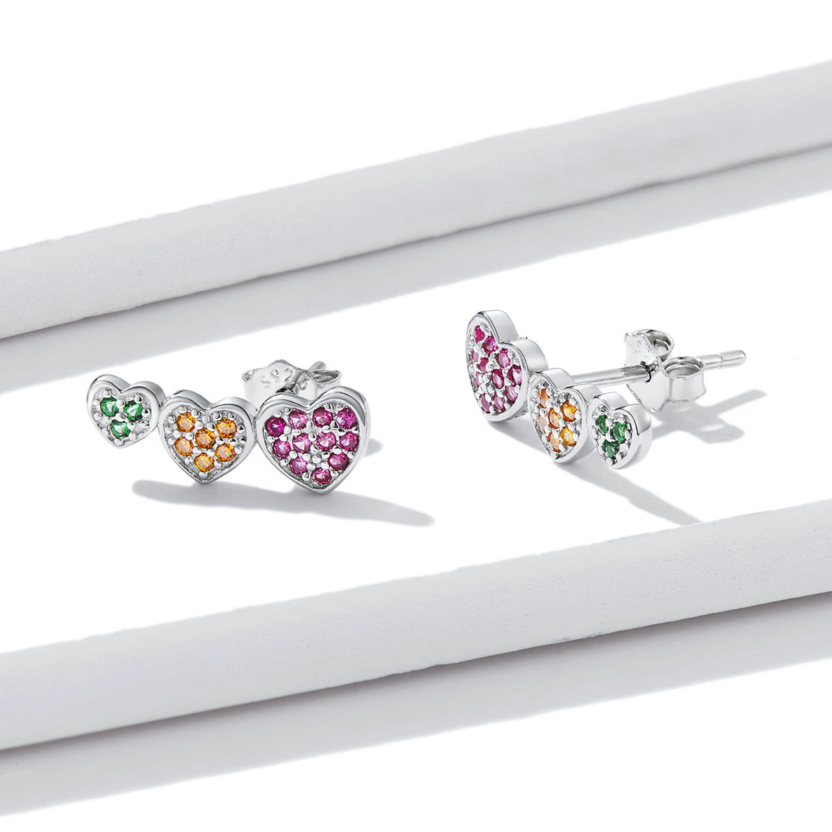 Sterling Silver Colourful Triple Heart Stud Hypoallergenic Earrings
