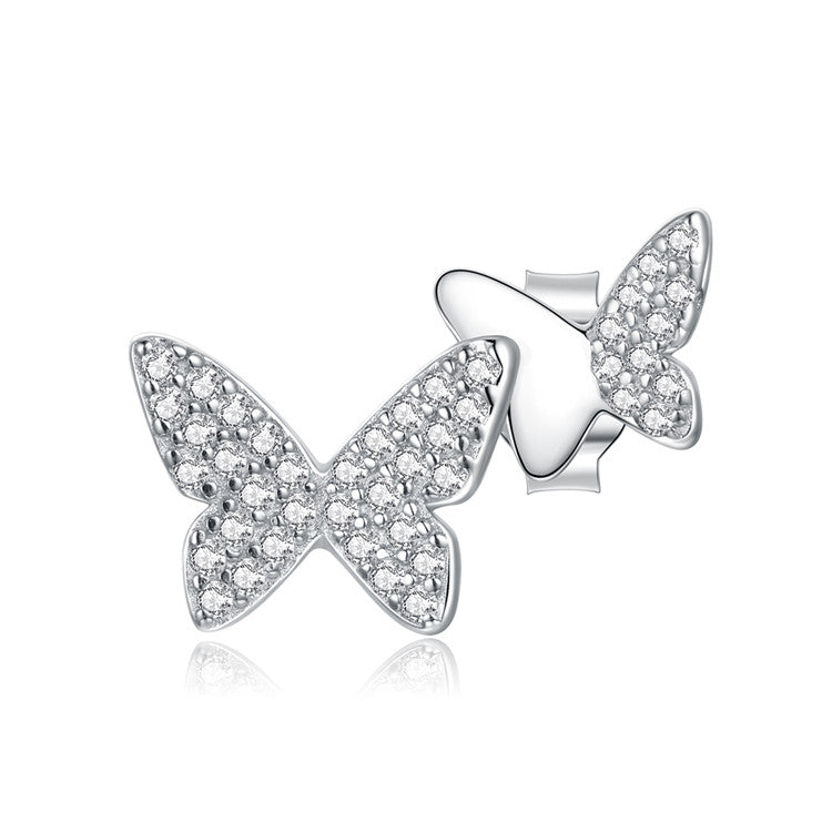 Sterling Silver Double Shiny Butterfly Stud Hypoallergenic Earring (Single)