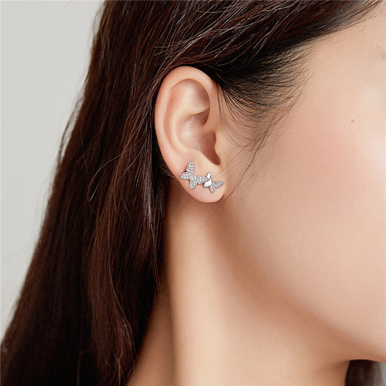 Sterling Silver Double Shiny Butterfly Stud Hypoallergenic Earring (Single)