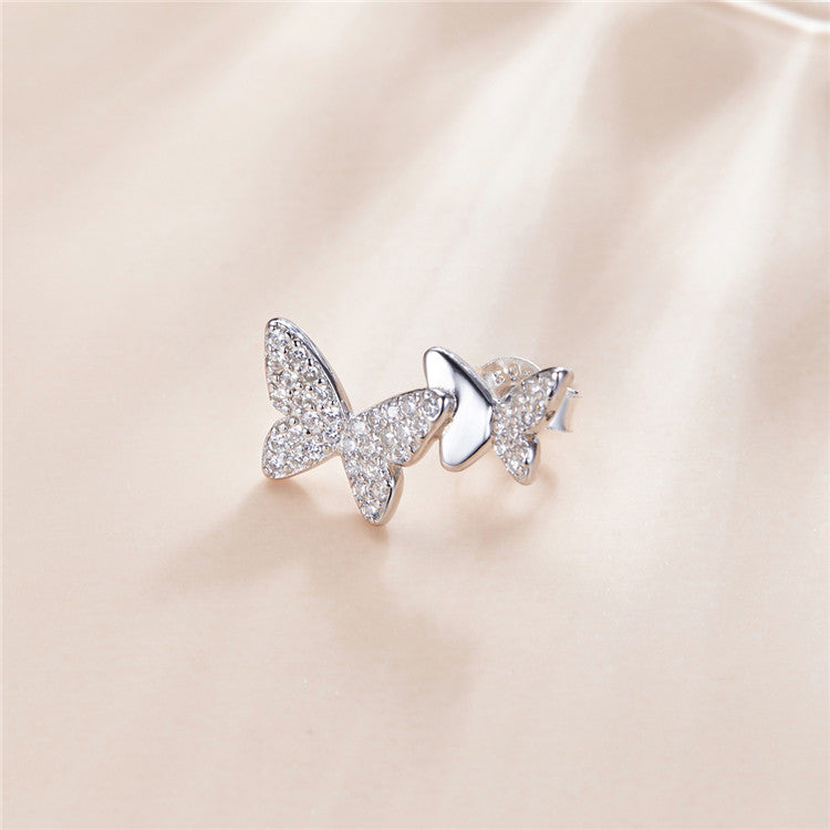 Sterling Silver Double Shiny Butterfly Stud Hypoallergenic Earring (Single)