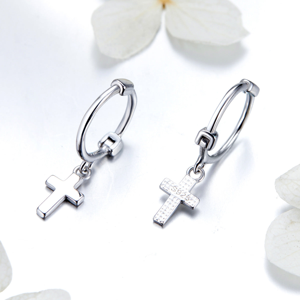 Sterling Silver Cross Drop Huggie Hypoallergenic Earrings