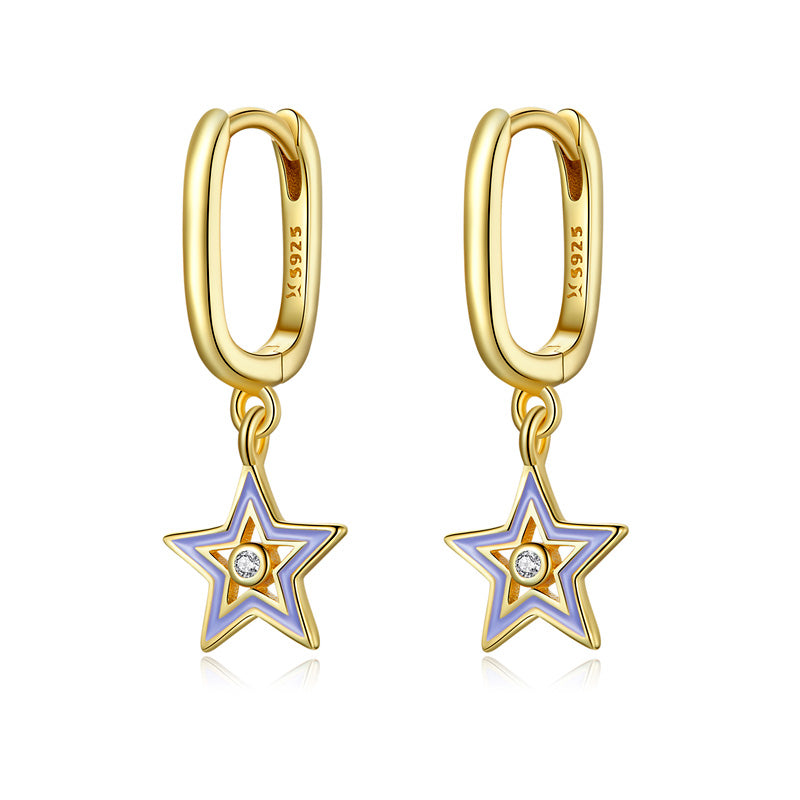 Sterling Silver Coloured Star Drop Huggie Earrings