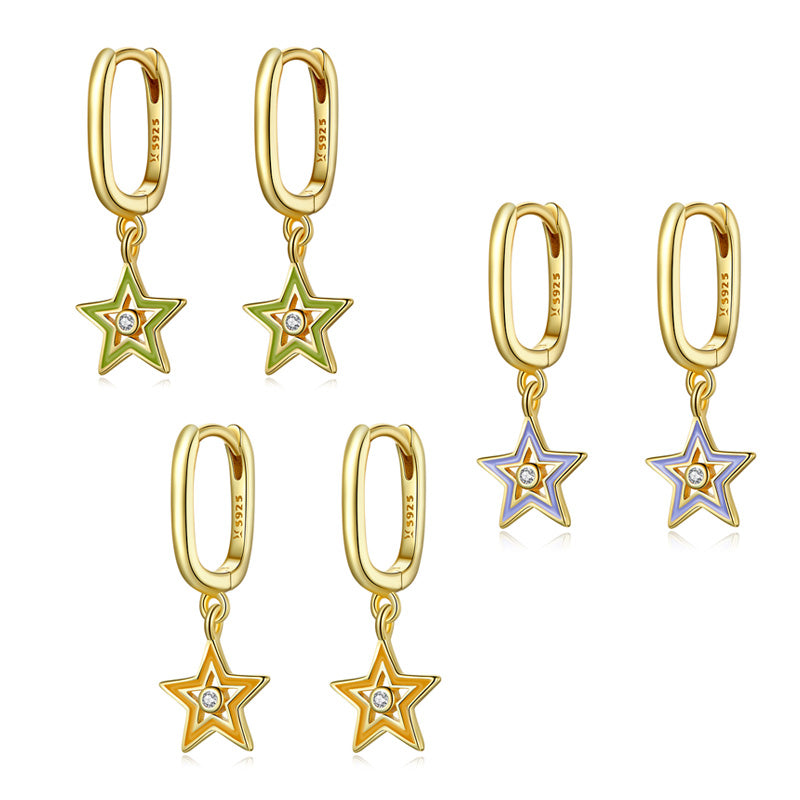 Sterling Silver Coloured Star Drop Huggie Earrings
