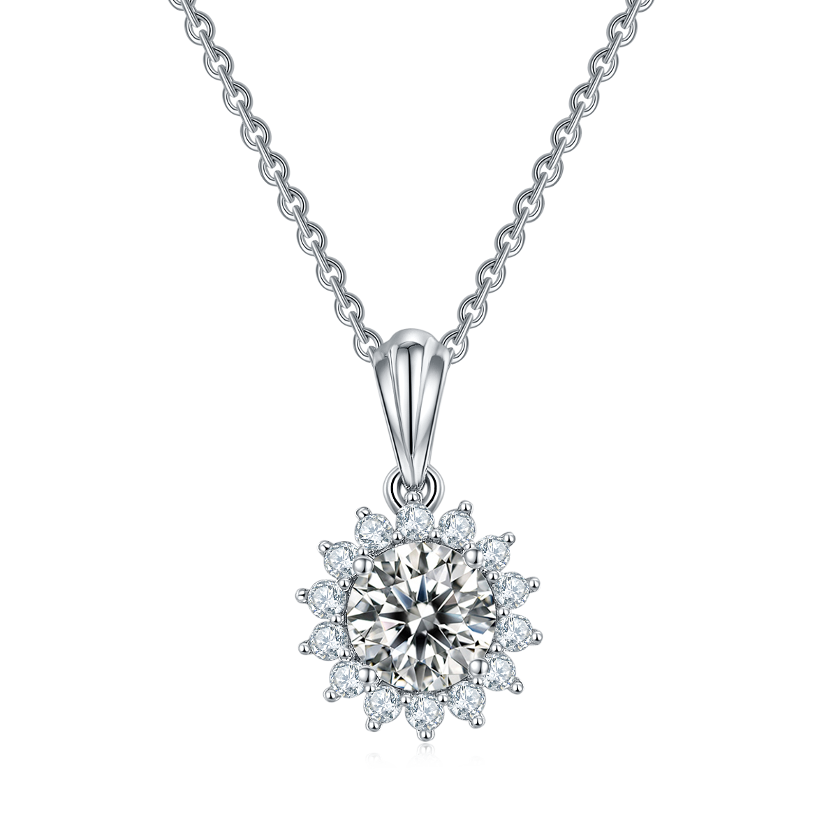 Sterling Silver Celestial Flower Round 1ct Moissanite Hypoallergenic Necklace
