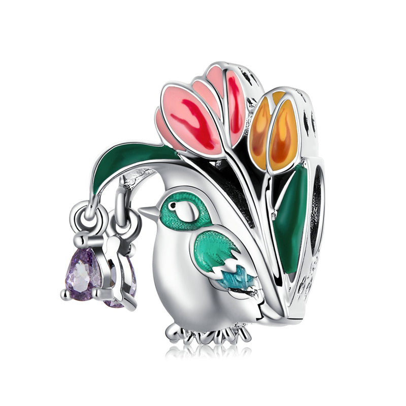 Sterling Silver Bird & Flower Hypoallergenic Bead Charm