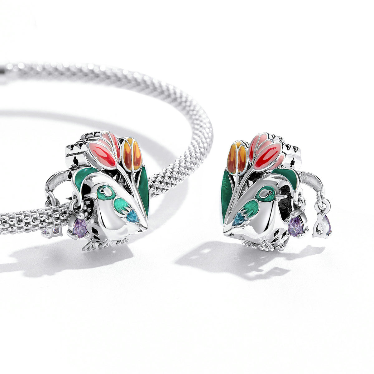 Sterling Silver Bird & Flower Hypoallergenic Bead Charm