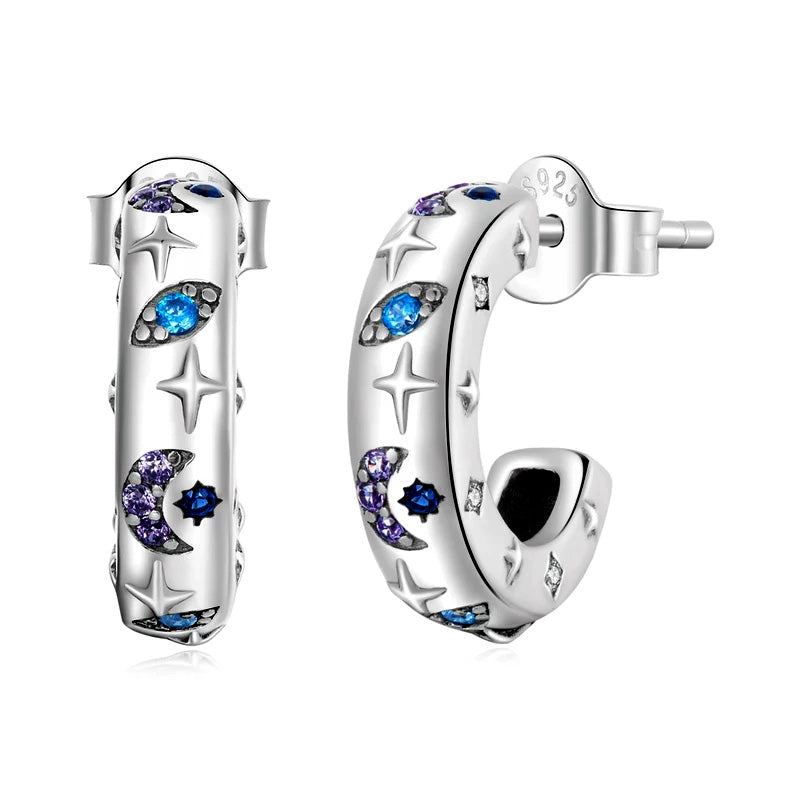 Sterling Silver Exquisite Star Moon & Evil Eye Stud Hypoallergenic Earrings