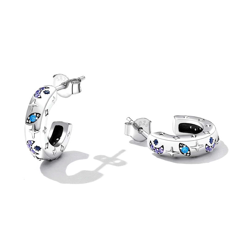 Sterling Silver Exquisite Star Moon & Evil Eye Stud Hypoallergenic Earrings