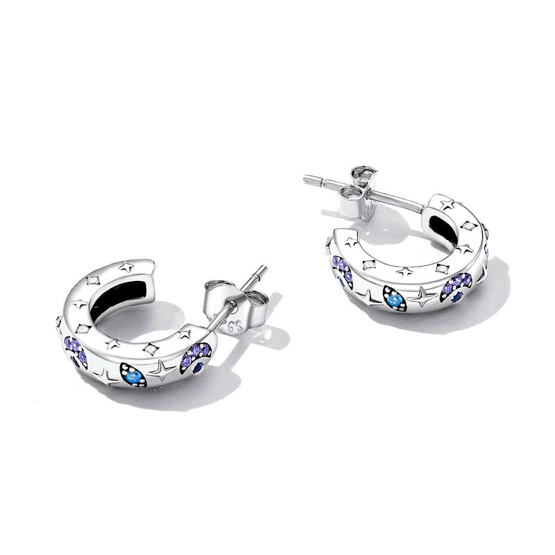 Sterling Silver Exquisite Star Moon & Evil Eye Stud Hypoallergenic Earrings