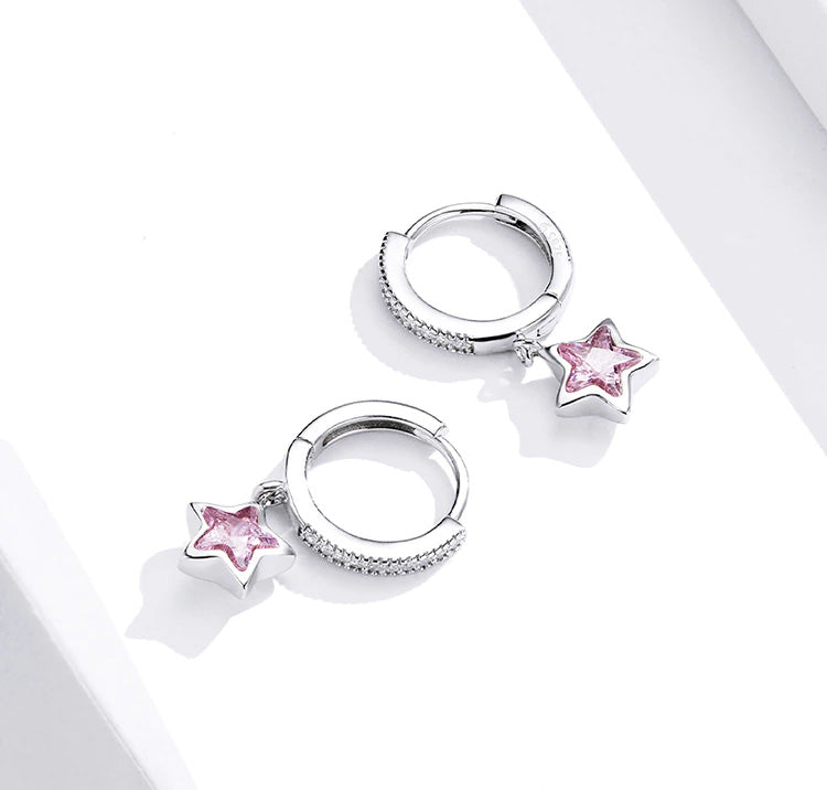 Sterling Silver Pink Star Huggie Hypoallergenic Earrings