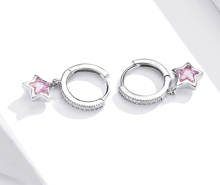 Sterling Silver Pink Star Huggie Hypoallergenic Earrings