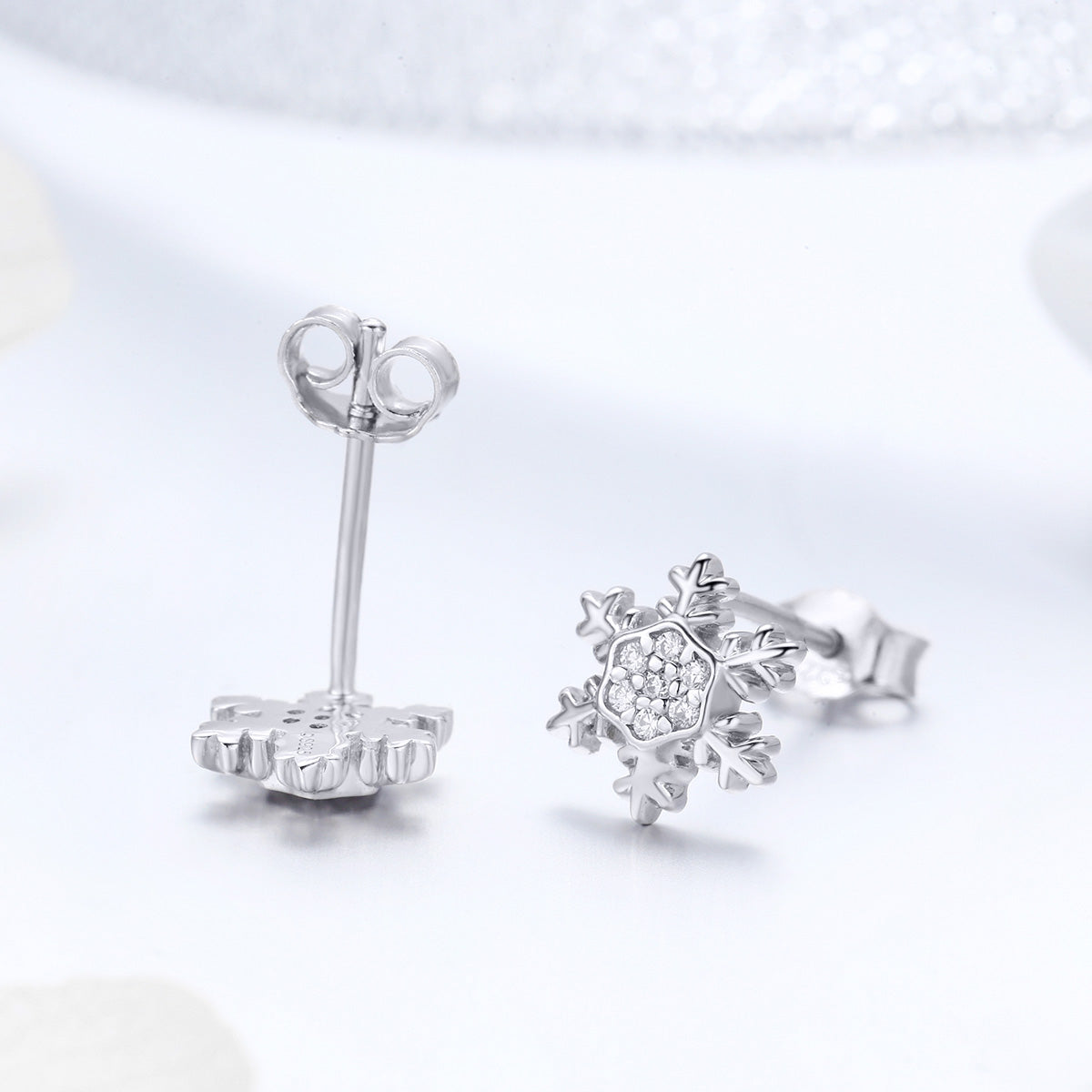 Sterling Silver Shiny Snowflake Stud Hypoallergenic Earrings