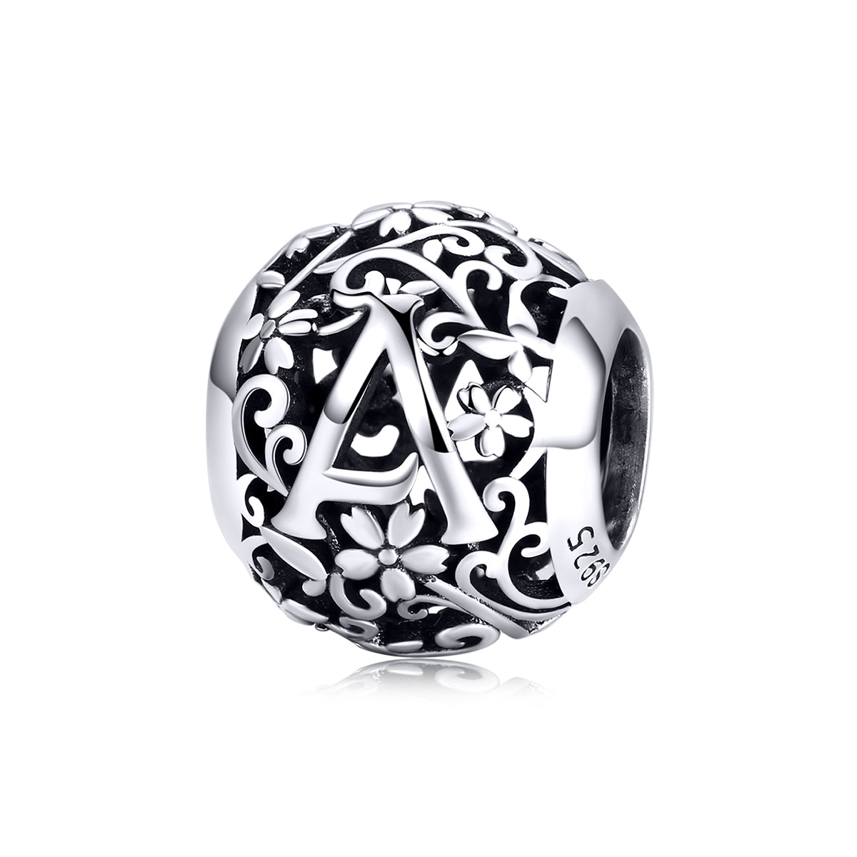 Sterling Silver Flower Letters Round Hypoallergenic Bead Charm