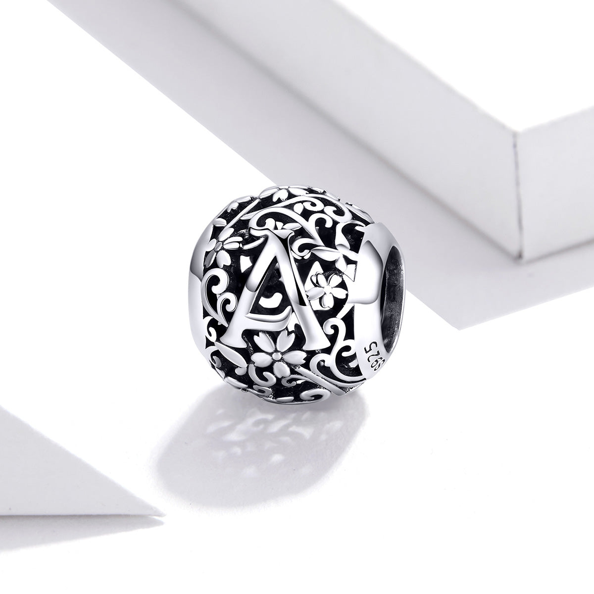 Sterling Silver Flower Letters Round Hypoallergenic Bead Charm