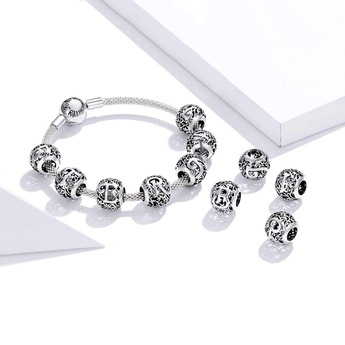 Sterling Silver Flower Letters Round Hypoallergenic Bead Charm