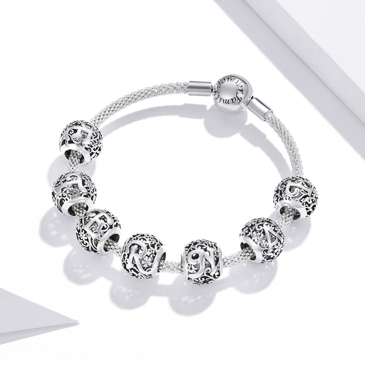 Sterling Silver Flower Letters Round Hypoallergenic Bead Charm