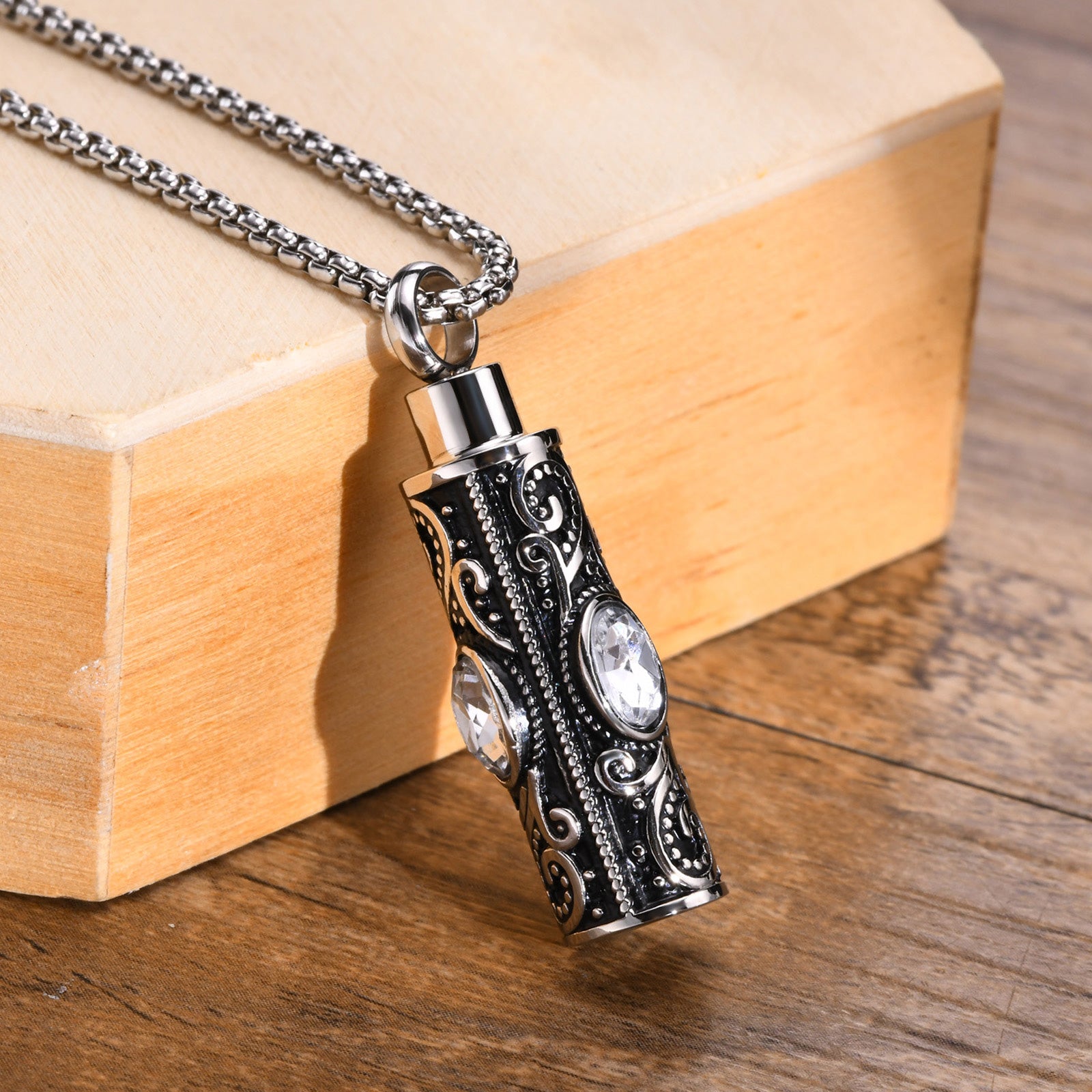 Stainless Steel Birthstone Cylindrical Urn Necklace (For Human Or Pet Ashes)