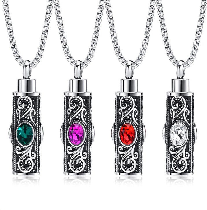 Stainless Steel Birthstone Cylindrical Urn Necklace (For Human Or Pet Ashes)