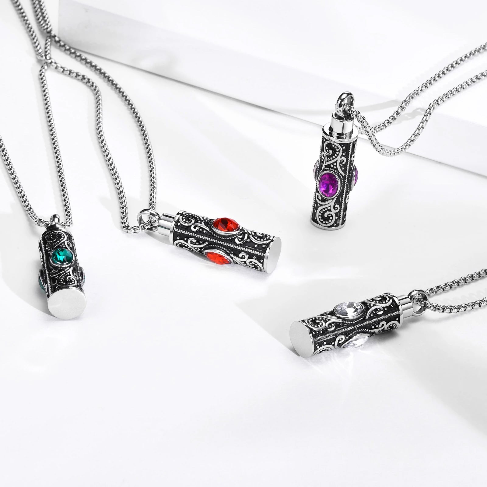 Stainless Steel Birthstone Cylindrical Urn Necklace (For Human Or Pet Ashes)