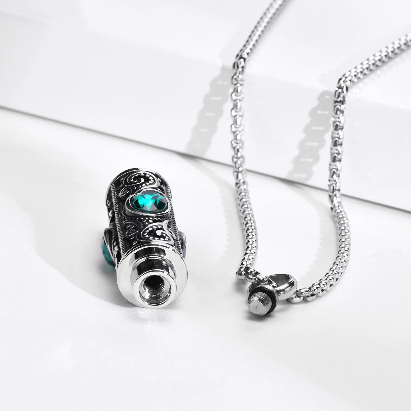Stainless Steel Birthstone Cylindrical Urn Necklace (For Human Or Pet Ashes)